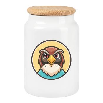 Falcon Kawaii Cartoon Character Animal Pet Face - Cookie Jar with Wooden Lid - white - Front