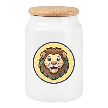 Lion Kawaii Cartoon Character Animal Pet Face - Cookie Jar with Wooden Lid - white - Front