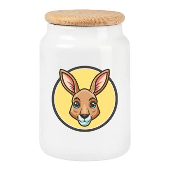 Kangaroo Kawaii Cartoon Character Animal Pet Face - Cookie Jar with Wooden Lid - white - Front