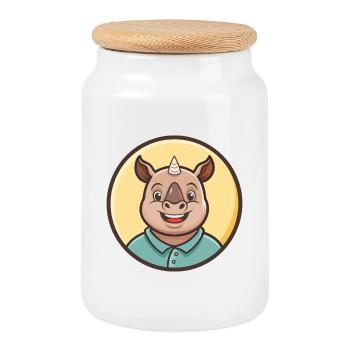 Rhino Kawaii Cartoon Character Animal Pet Face - Cookie Jar with Wooden Lid - white - Front