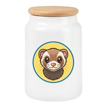 Ferret Kawaii Cartoon Character Animal Pet Face - Cookie Jar with Wooden Lid - white - Front