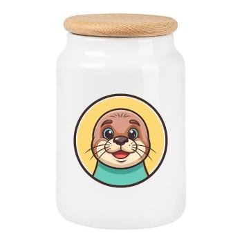 Seal Kawaii Cartoon Character Animal Pet Face - Cookie Jar with Wooden Lid - white - Front