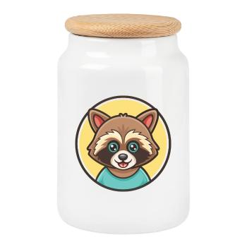 Raccoon Kawaii Cartoon Character Animal Pet Face - Cookie Jar with Wooden Lid - white - Front
