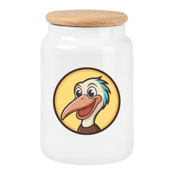 Pelican Kawaii Cartoon Character Animal Pet Face - Cookie Jar with Wooden Lid - white - Front