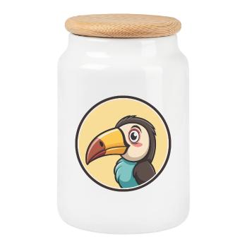 Toucan Kawaii Cartoon Character Animal Pet Face - Cookie Jar with Wooden Lid - white - Front