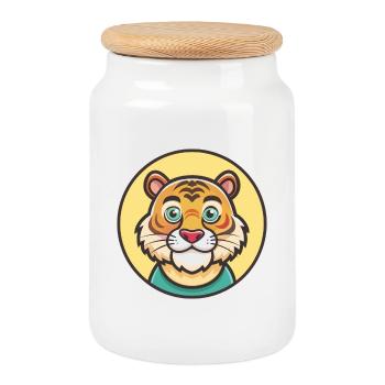 Tiger Kawaii Cartoon Character Animal Pet Face - Cookie Jar with Wooden Lid - white - Front