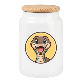 Snake Kawaii Cartoon Character Animal Pet Face - Cookie Jar with Wooden Lid - white - Front