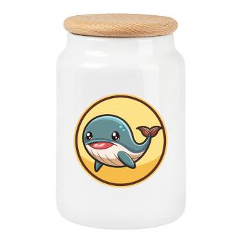 Whale Kawaii Cartoon Character Animal Pet Face - Cookie Jar with Wooden Lid - white - Front
