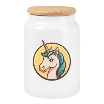 Licorne Kawaii Dessin animé Personnage Animal Animal Visage - Boîte à biscuits avec couvercle en bois - blanc - Devant