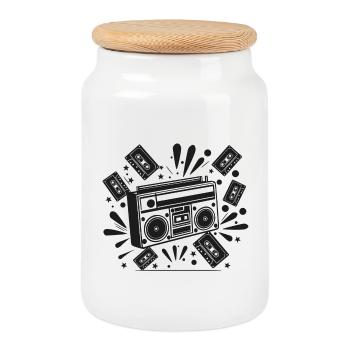 Vintage Boombox Cassette Tapes Nostalgia - Cookie Jar with Wooden Lid - white - Front