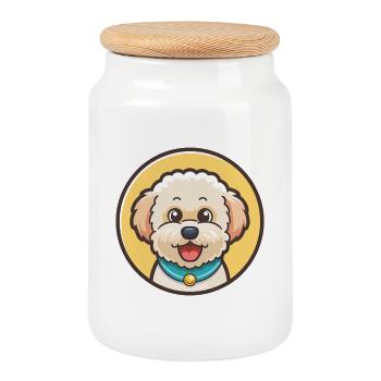 Bichon frisé chien race dessin animé Kawaii Clipart animal de compagnie - Boîte à biscuits avec couvercle en bois - blanc - Devant