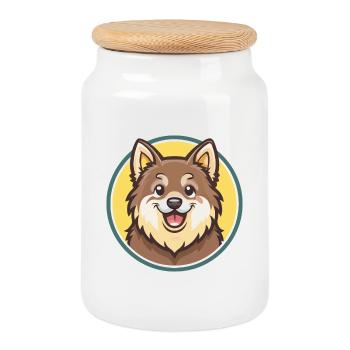 Finnish Lapphund Dog Breed Cartoon Kawaii Clipart - Cookie Jar with Wooden Lid - white - Front