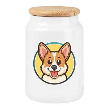 Pembroke Welsh Corgi Dog Breed Cartoon Kawaii Pet - Cookie Jar with Wooden Lid - white - Front