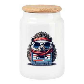 Igel Kompaktkassette Cassette Tape Geschenk - Keksdose mit Holzdeckel - Weiß - Vorne
