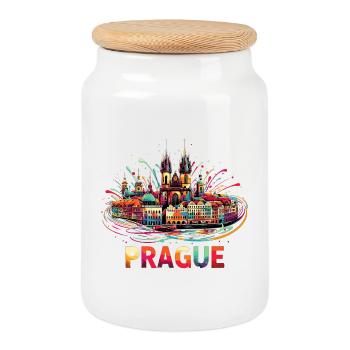 Prague Capital Czech Republic Gift - Cookie Jar with Wooden Lid - white - Front