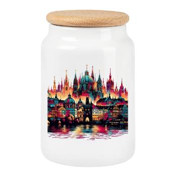 Prague Capital Czech Republic Gift - Cookie Jar with Wooden Lid - white - Front