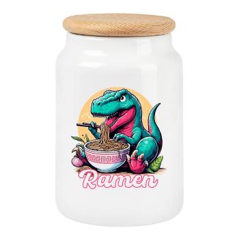 Cute T-Rex Ramen Dinosaur Gift - Cookie Jar with Wooden Lid - white - Front