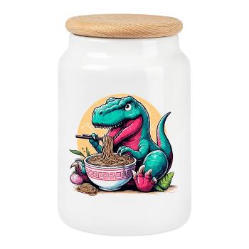 Cute T-Rex Ramen Dino Dinosaur Gift - Cookie Jar with Wooden Lid - white - Front