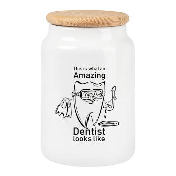 Funny saying as a gift for dentist. - Cookie Jar with Wooden Lid - white - Front
