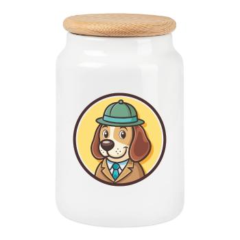 Détective chien chien race dessin animé Kawaii Clipart animal de compagnie - Boîte à biscuits avec couvercle en bois - blanc - Devant