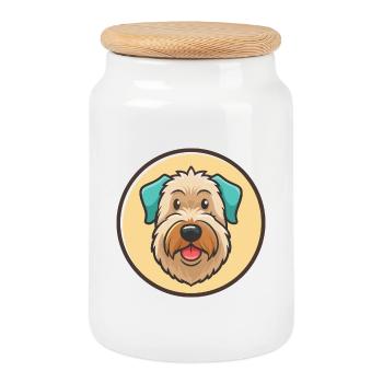Pelage doux Wheaten Terrier Chien Race Dessin animé Animal de compagnie - Boîte à biscuits avec couvercle en bois - blanc - Devant
