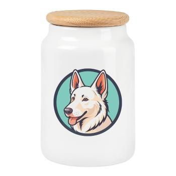 Berger Blanc Suisse Race de chien Dessin animé drôle Kawaii - Boîte à biscuits avec couvercle en bois - blanc - Devant
