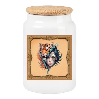 Der Tiger und die Frau, Kraft und Anmut. - Keksdose mit Holzdeckel - Weiß - Vorne