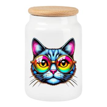 Puss with sunglasses - Cookie Jar with Wooden Lid - white - Front