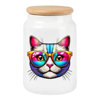 Chat avec des lunettes de soleil - Boîte à biscuits avec couvercle en bois - blanc - Devant