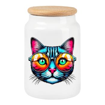 Chat avec des lunettes de soleil - Boîte à biscuits avec couvercle en bois - blanc - Devant