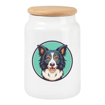 Border Collie Chien Race Dessin animé Kawaii Clipart Animal de compagnie - Boîte à biscuits avec couvercle en bois - blanc - Devant