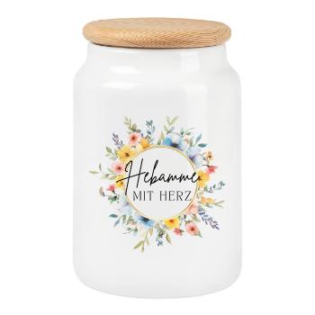Hebamme mit Herz - personalisierbares Design - Keksdose mit Holzdeckel - Weiß - Vorne