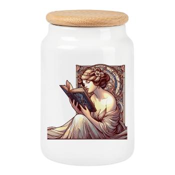 Femme Lecture Parcourir Livre Livres Cadeau - Boîte à biscuits avec couvercle en bois - blanc - Devant