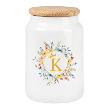 K Monogram, Flower Circle, Personalizable - Cookie Jar with Wooden Lid - white - Front