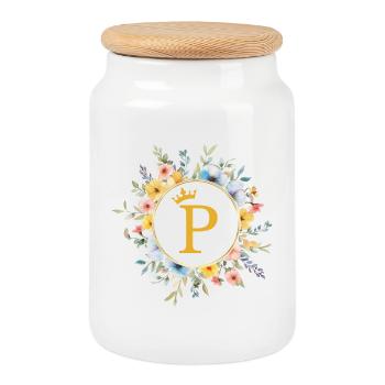 P Monogram, Flower Circle, Personalizable - Cookie Jar with Wooden Lid - white - Front