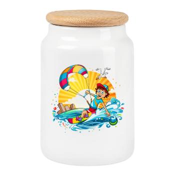 Colorful illustration of a kite surfer - Cookie Jar with Wooden Lid - white - Front