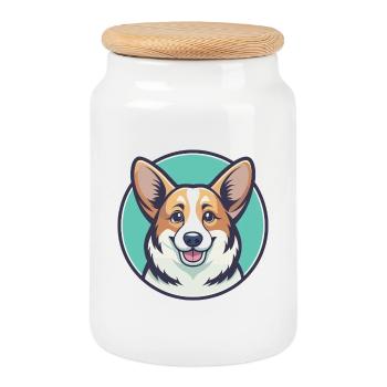Pembroke Welsh Corgi Dog Breed Cartoon Kawaii Pet - Cookie Jar with Wooden Lid - white - Front