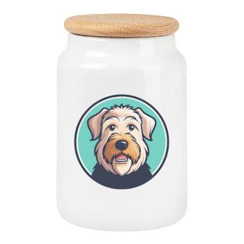 Pelage doux Wheaten Terrier Chien Race Dessin animé Animal de compagnie - Boîte à biscuits avec couvercle en bois - blanc - Devant