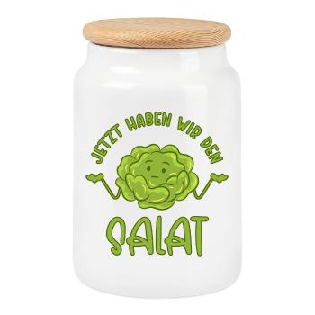 Maintenant, nous avons la salade - Boîte à biscuits avec couvercle en bois - blanc - Devant