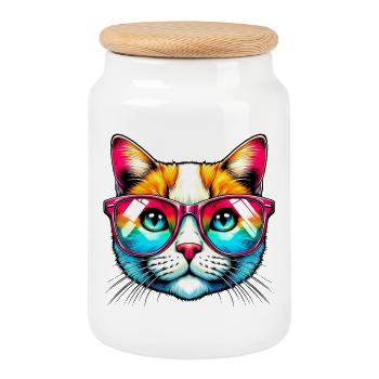 Puss with sunglasses - Cookie Jar with Wooden Lid - white - Front