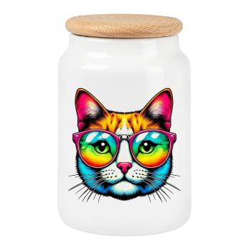 Chat avec des lunettes de soleil - Boîte à biscuits avec couvercle en bois - blanc - Devant