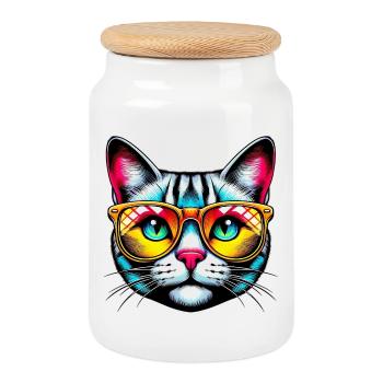 Chat avec des lunettes de soleil - Boîte à biscuits avec couvercle en bois - blanc - Devant