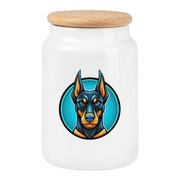 Dobermann Hund Bunte Kawaii Zeichentrickfigur - Keksdose mit Holzdeckel - Weiß - Vorne