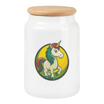 Licorne mignon Kawaii dessin animé Clipart Animal de compagnie - Boîte à biscuits avec couvercle en bois - blanc - Devant