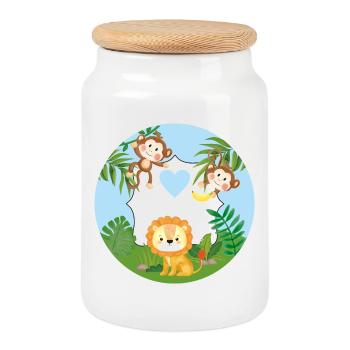 Amitié - Petits singes et lion - Boîte à biscuits avec couvercle en bois - blanc - Devant