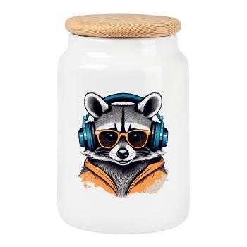 Cool Waschbär mit Kopfhörern und Sonnenbrille - Keksdose mit Holzdeckel - Weiß - Vorne
