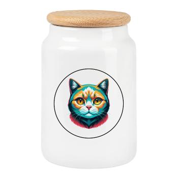 British Fold Shorthair Cat Breed Cartoon Kawaii - Cookie Jar with Wooden Lid - white - Front