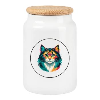 German Longhair Cat Breed Cartoon Kawaii Animal - Cookie Jar with Wooden Lid - white - Front