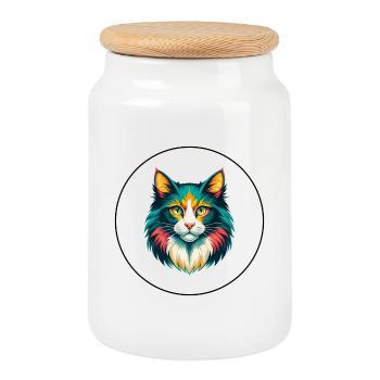Chat de la forêt norvégienne Race Dessin animé Kawaii Animal - Boîte à biscuits avec couvercle en bois - blanc - Devant