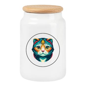 Scottish Fold Shorthair Cat Breed Cartoon Kawaii - Cookie Jar with Wooden Lid - white - Front